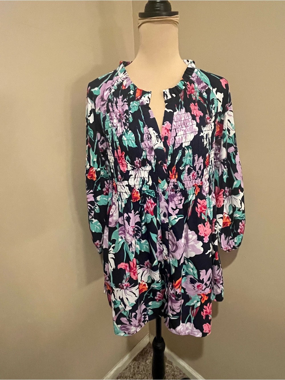 Floral Smocked Navy Tunic with Split Neckline